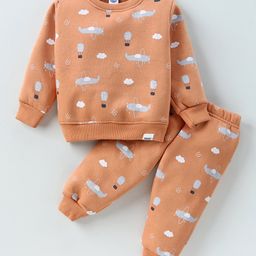 Teddy Fleece Knit Full Sleeves Winter Wear Co-Ord Suit With Airplanes Print -  Light Brown-image-42