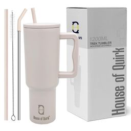 House of Quirk 1200ml Stainless Steel Tumbler Hot and Cold with Handle and Lid 2 Straw -Oatmeal-17