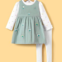 ToffyHouse Cotton Woven Dress with Full Sleeves Inner Tee & Leggings Floral Print & Embroidery - Light Green-image-27