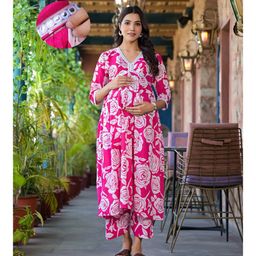 Aujjessa Cotton Three Fourth Sleeves Floral Printed & Lace Embellished Maternity Kurta Set with Concealed Zipper Nursing Access  Pink White-picture-19