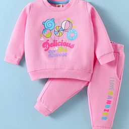 Zero Female Fleece Knit Full Sleeves Winter Wear T- Shirt & Lounge Pant Set Text Print - Pink-picture-23