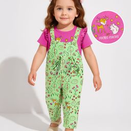 Babyoye 100% Cotton Interlock Knit Half Sleeves Inner Tee & Dungaree Set with Eco- Jiva Finish & Animal Print - Light Green & Pink-picture-20