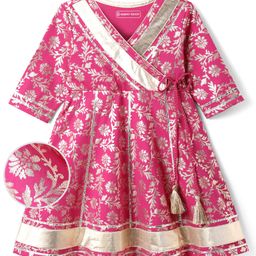 EARTHY TOUCH Single Jersey Knit Full Sleeves Ethnic Dress With Foil Floral Print - Dark Pink-picture-31