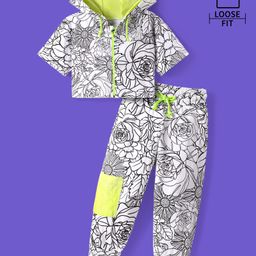 OLLINGTON ST. Cotton Floral Printed Co-Ord Set OF Half Sleeves Hoodie & Joggers - Multicolor-image-90