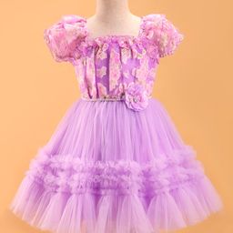 Enfance Half Puffed Sleeves Floral Applique & Printed Ruffle Detailed Dress - Purple-image-23