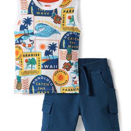 Babyhug Single Jersey Knit Sleeveless Tank T-Shirt & Shorts Set With Beach Theme Print - White & Blue-picture-21