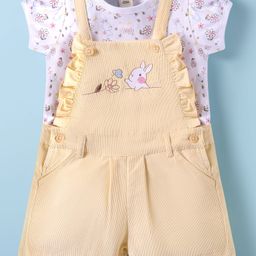 ToffyHouse Knitted Woven Half Sleeves T-Shit & Dungaree With Floral Print - Lemon-picture-1