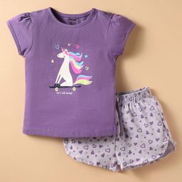 CUCUMBER Sinker Knit Half Sleeves Shorts Night Suit With Unicorn Print - Purple-image-26