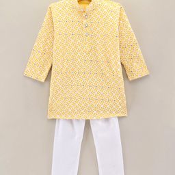Dapper Dudes Full Sleeves Floral Embroidered & Sequins Embellished Kurta & Pyjama Set - Yellow-picture-42