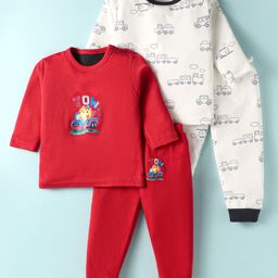 Kidi Wav Pack Of 2 Full Sleeves Train & Tow Truck Text Printed Tees & Coordinating Pants Set - Multi Colour-image-84