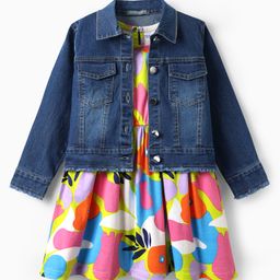 Ollington St. Stretchable Denim Full Sleeves Jacket with Sleeveless Printed Knit Dress - Multicolor & Navy Blue-image-38