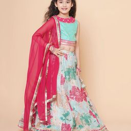 Bitiya By Bhama Silk Woven Sleeveless Floral Printed Gota Lace Embellished Lehenga Choli With Dupatta Set - Green & Pink-image-96