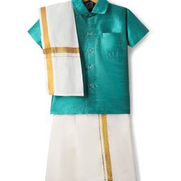 Dapper Dudes Half Sleeves Textured Shirt With Mundu & Geometric Foil Printed Angavastram Set - Bottle Green-picture-9