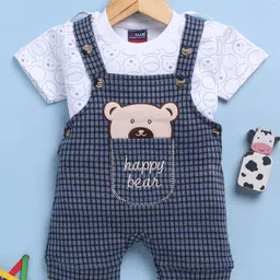 Jb Club Cotton Knit Checked & Teddy Bear Patch Embroidered Dungaree With Half Sleeves Tee Set - Blue-picture-38
