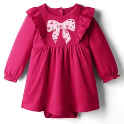 Babyoye 100% Cotton Interlock Knit Full Sleeves Frock Style Onesie with Eco Jiva Finish Frill Detailing & Bow Print - Dark Pink-picture-49