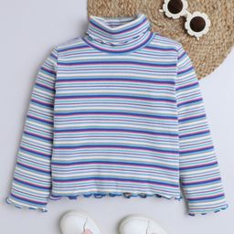 Aww Hunnie Cotton Blend Knit Full Sleeves Striped Turtle Neck Tee - Blue-picture-4