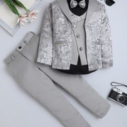 Fourfolds Jacquard Woven Full Sleeves Textured 4 Piece Party Suit With Bow Set - Grey-picture-47