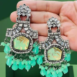 OPUS GEMS Artificial Stones Studded And Beaded Floral Shaped Drop Earrings-picture-24