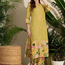 Indo Era Floral Printed Sequinned Pure Cotton Kurta with Trousers-picture-8