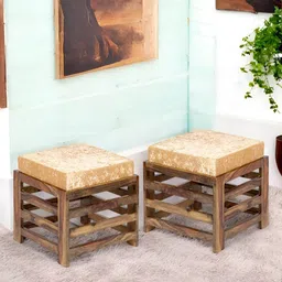 Ikiriya Set of 2 Sheesham Wood Mid Century Round Stools with Beige Sparkle Velvet Cushion-27