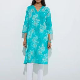 Utsa by Westside Turquoise Botanical Design Cotton Straight Kurta-image-1