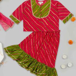 LITTLE GINNIE Girls Bandhani Printed Regular Pure Cotton Kurti with Churidar & With Dupatta-picture-5