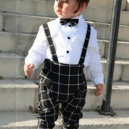 Belliza Kids Unisex Checked Bow Tie Dungaree With Shirt-image-88