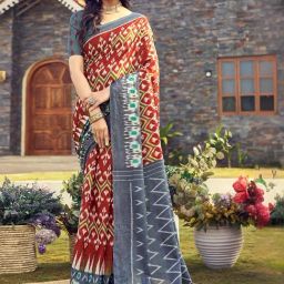Satrani Rust & Grey Cotton Printed Saree With Unstitched Blouse-picture-4
