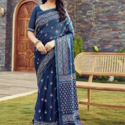 Satrani Rama Blue Cotton Floral Print Saree With Unstitched Blouse-picture-1