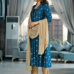 Juniper Ethnic Motifs Printed Sequinned A-Line Kurta With Trousers & Dupatta image 5