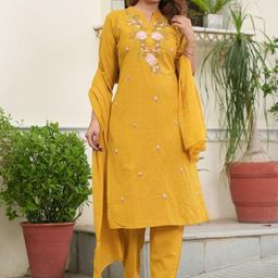 KALINI Floral Embroidered Thread Work Straight Pure Cotton Kurta With Trouser & Dupatta-image-57