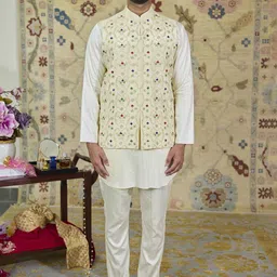 Agrajain Men Floral Embroidered Regular Zardozi Kurta with Trousers-44