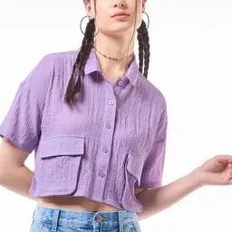 Bewakoof Purple Plain Crop Shirt-picture-18