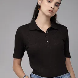 The Roadster Lifestyle Co Women Black Solid Ribbed Polo Collar T-shirt-picture-6