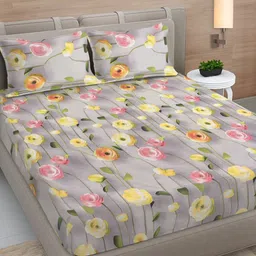 FABINALIV Grey & Yellow Floral 300 TC King Bedsheet with 2 Pillow Covers-image-36