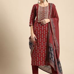 Anouk Women Red Ethnic Motifs Embroidered Pure Cotton Kurta with Salwar & With Dupatta-21