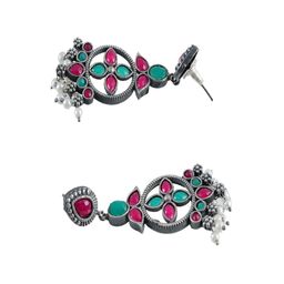 Sangria Silver-Plated Artificial Stones Studded Geometric Shaped Oxidised Drop Earrings image 3