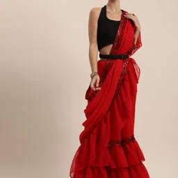 KALINI Red Checked Poly Georgette Saree-14
