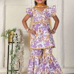 Cutiekins Girls Floral Printed V-Neck Gotta Patti A-Line Kurta With Sharara & Dupatta-picture-31