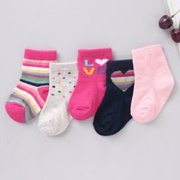 Cute Walk by Babyhug Cotton Knit Regular Length Antibacterial Socks Multiple Designs Pack Of 5 - Multicolour-image-83