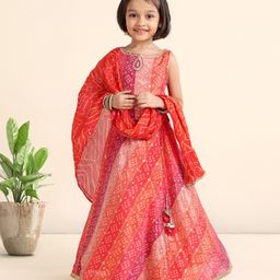 Babyhug Sleeveless Bandhani Choli & Lehenga With Dupatta Zari Detailing - Red Pink-image-74