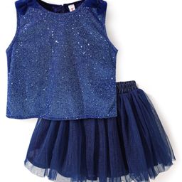 Babyhug Sleeveless Top & Skirt Set Solid & Bow Applique - Navy Blue-image-124