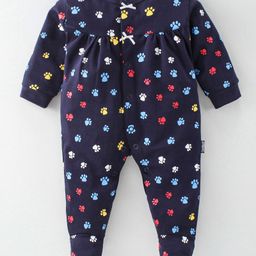 Child World Cotton Interlock Full Sleeves Paw Printed Footed Sleep Suit - Navy Blue-picture-0