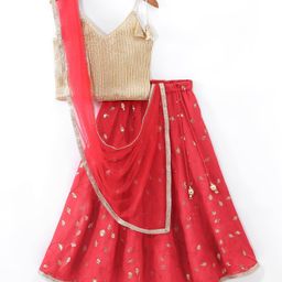 Babyhug Woven Sleeveless Sequenced Choli With Embroidered Lehenga And Dupatta - Red-image-16