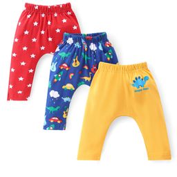 Babyhug Cotton Knit Interlock Full Length Diaper Leggings With Star & Dino Print Pack Of 3 - Yellow Red & Blue-image-84
