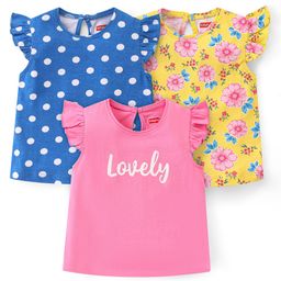 Babyhug Cotton Knit  Frill Sleeves Tops with Polka Dot Floral & Text Graphics - Multicolour-image-71