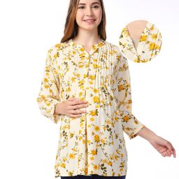 Bella Mama Viscose Woven with Pintucks Three Fourth Sleeves Maternity Top with Floral Print - Yellow-image-53