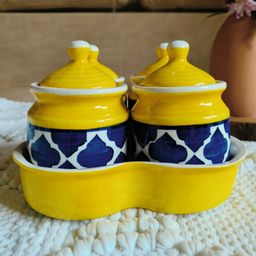 Niyara Multipurpose Storage Ceramic Pickle set Jars with Lid & tray (Set of 4, 300 ml) (Yellow Moroccan)-3