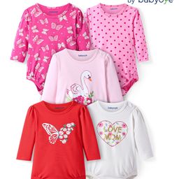 Babyoye100% Cotton Knit Full Sleeves Butterfly Swan & Polka Dot Print Onesies Pack of 5 - Pink Red & White-image-34