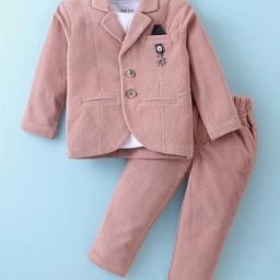 JASH KIDS Cotton Woven Full SleevesTextured Blazer & TextPrinted T-Shirt & Trouser Set with Applique- Light Red-image-32